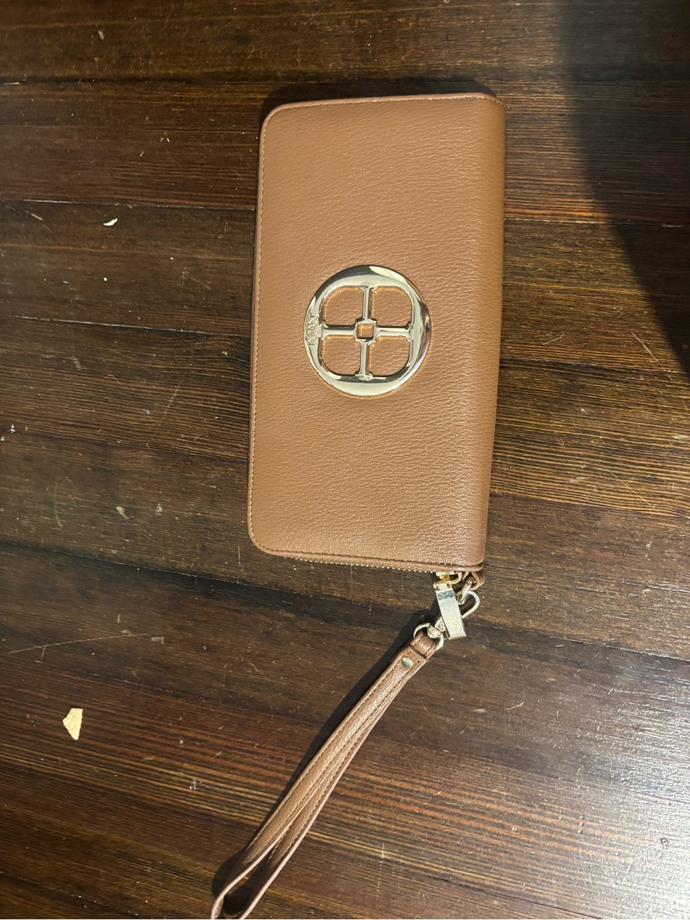 IMAN Tan Zip-Around Wristlet Wallet with Gold Emblem